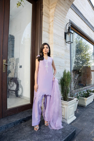 Lavendar Haze- Opulent lilac silk ensemble for a refined festive look By- WearAZ