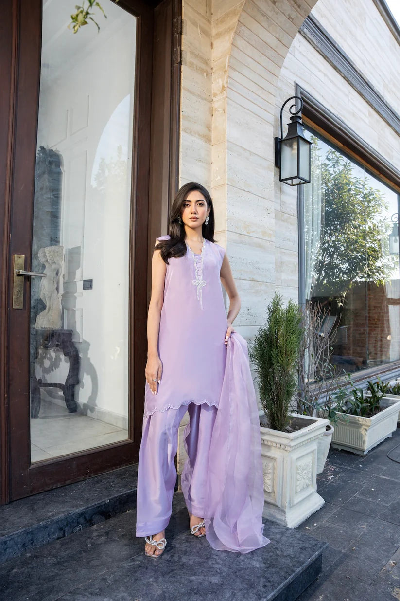 Lavendar Haze- Opulent lilac silk ensemble for a refined festive look By- WearAZ