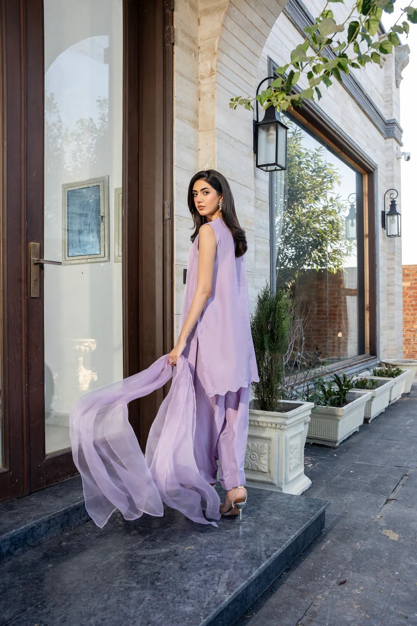Lavendar Haze- Opulent lilac silk ensemble for a refined festive look By- WearAZ