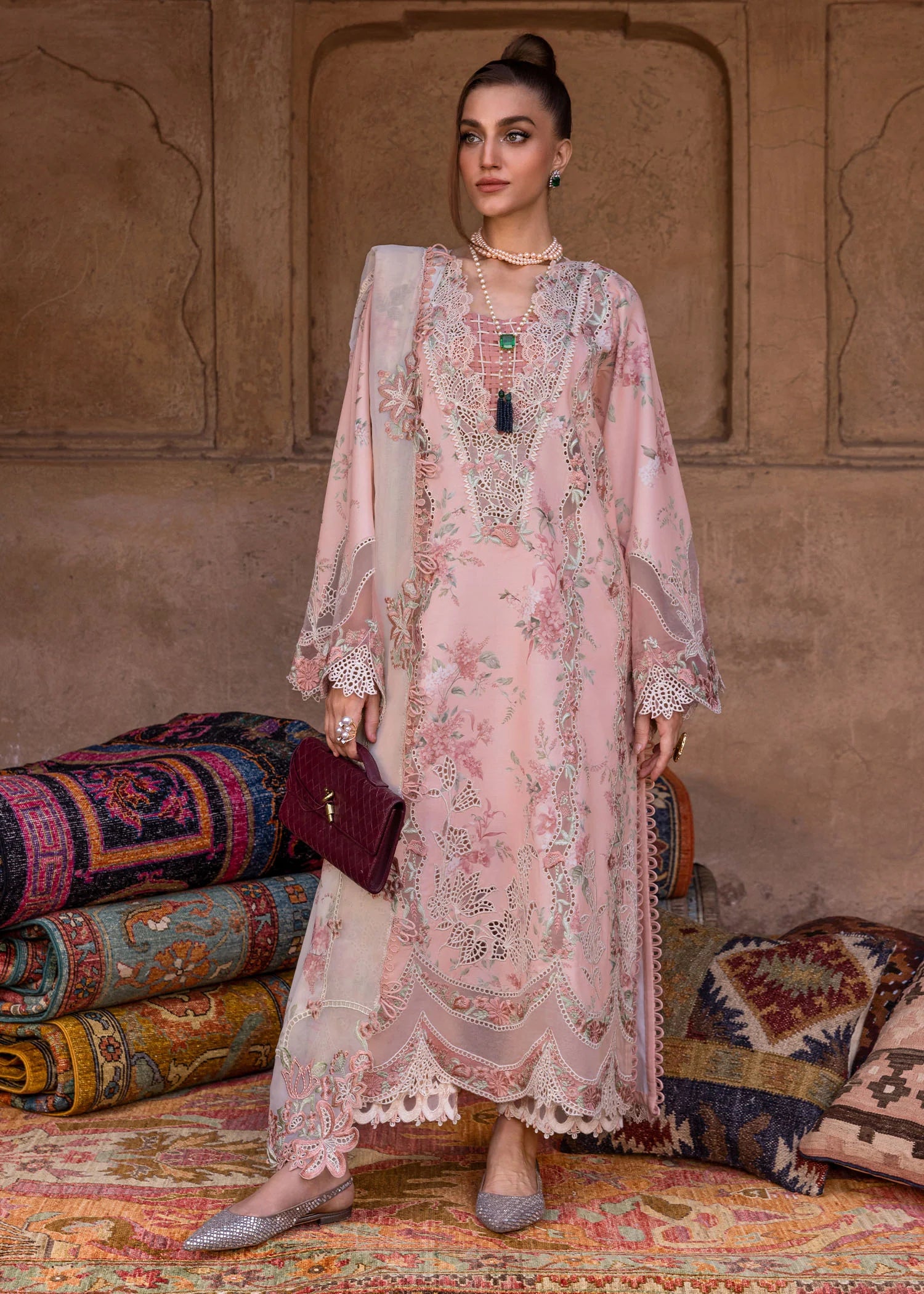 Lavender Fall-D5A-Sorbet Pink Embroidered Pakistani Lawn Suit for Eid & Weddings by Crimson-Ships to US, UK & Canada