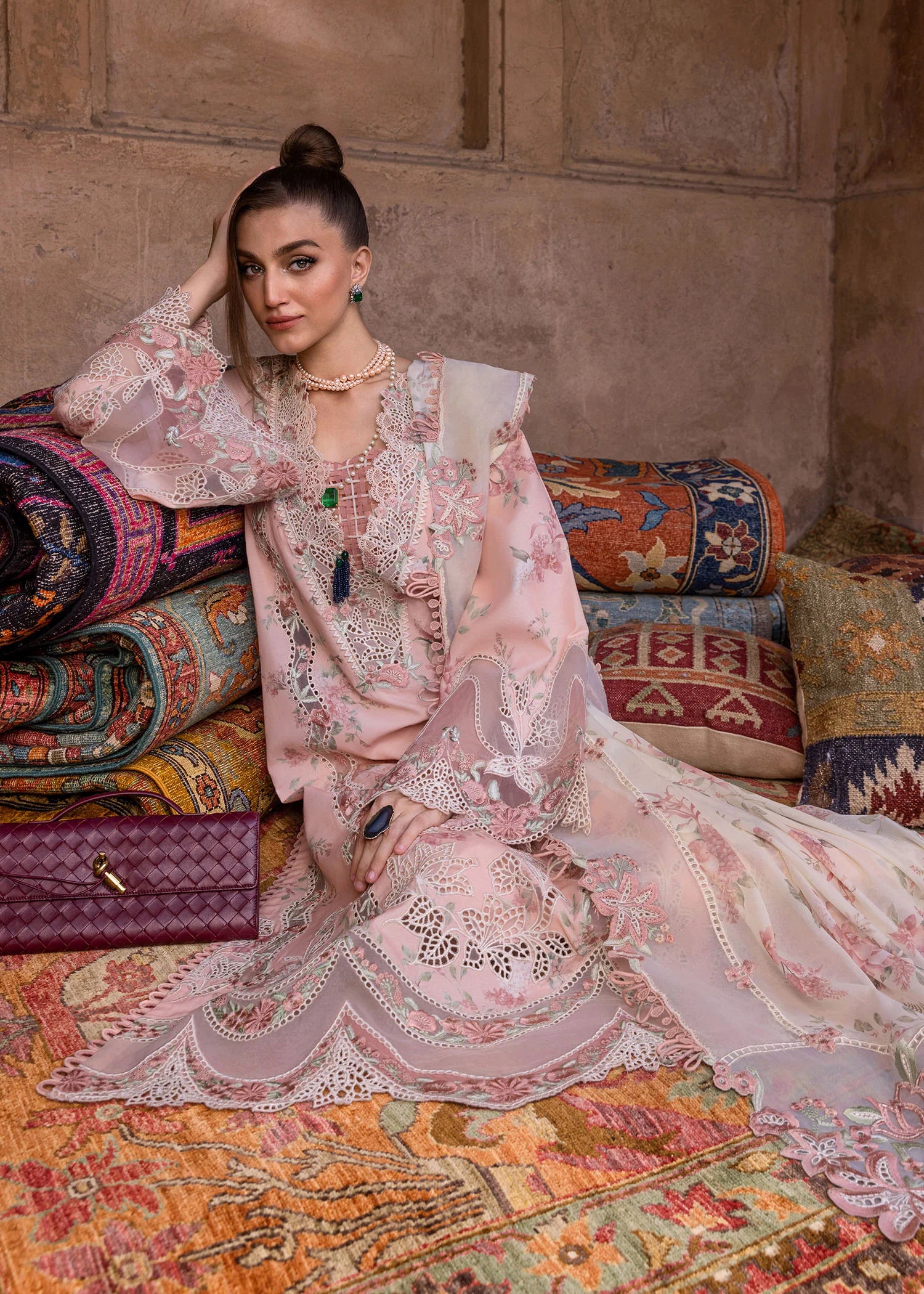 Lavender Fall-D5A-Sorbet Pink Embroidered Pakistani Lawn Suit for Eid & Weddings by Crimson-Ships to US, UK & Canada