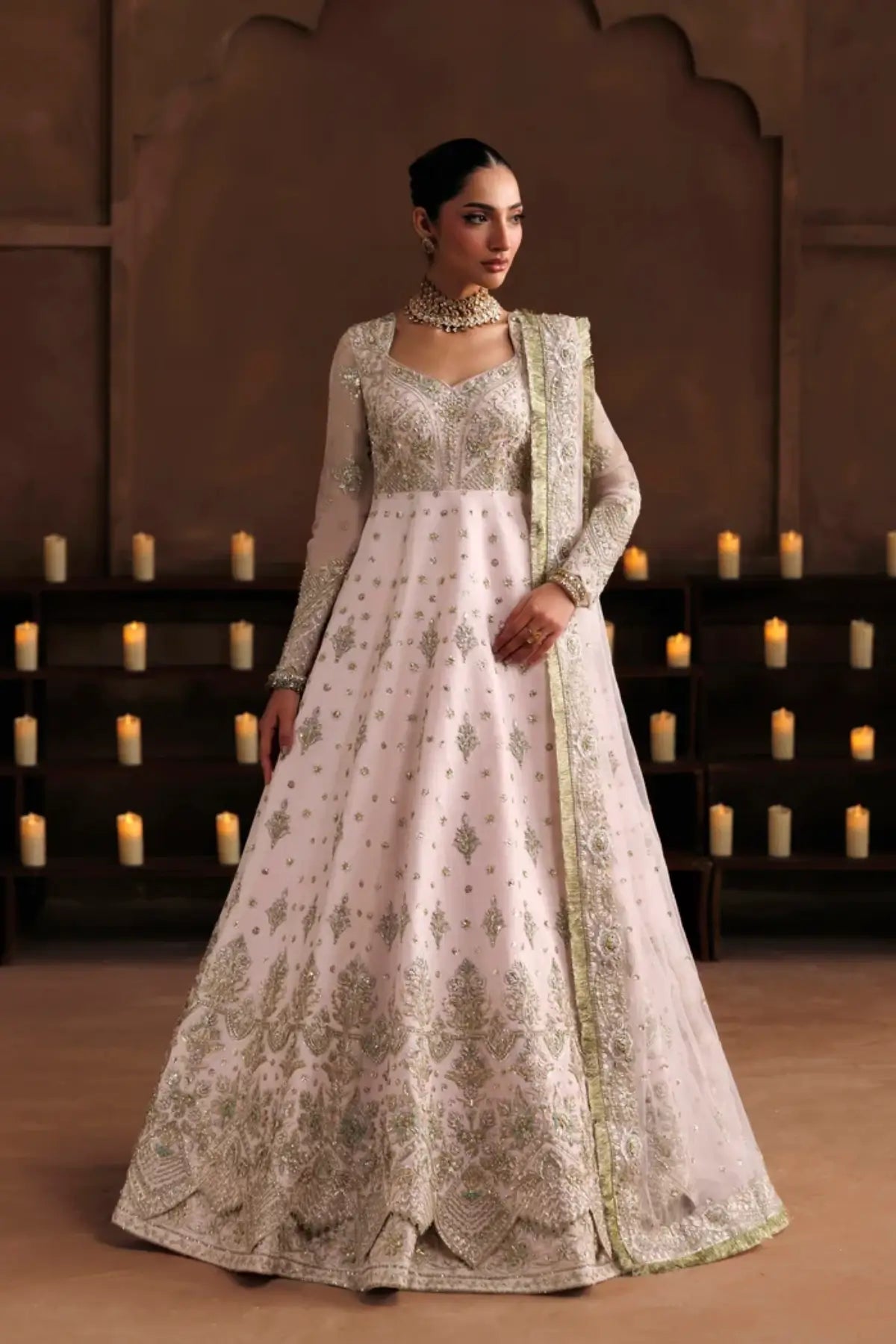 Lavinia off white handworked organza bridal stitched lehenga with embellished net dupatta from Riwayat Bridal Edit 26
