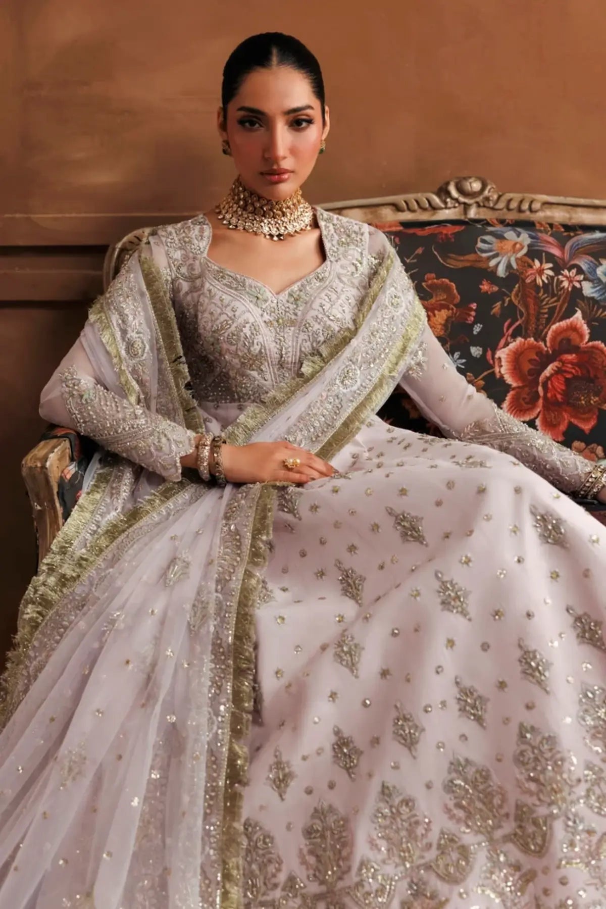 Lavinia off white handworked organza bridal stitched lehenga with embellished net dupatta from Riwayat Bridal Edit 26