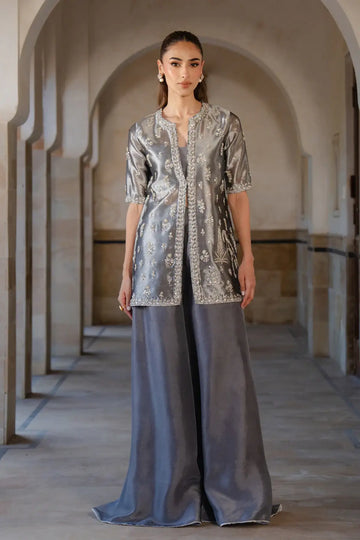 Layana silver tissue jacket formal suit with hand embroidery and sharara pants