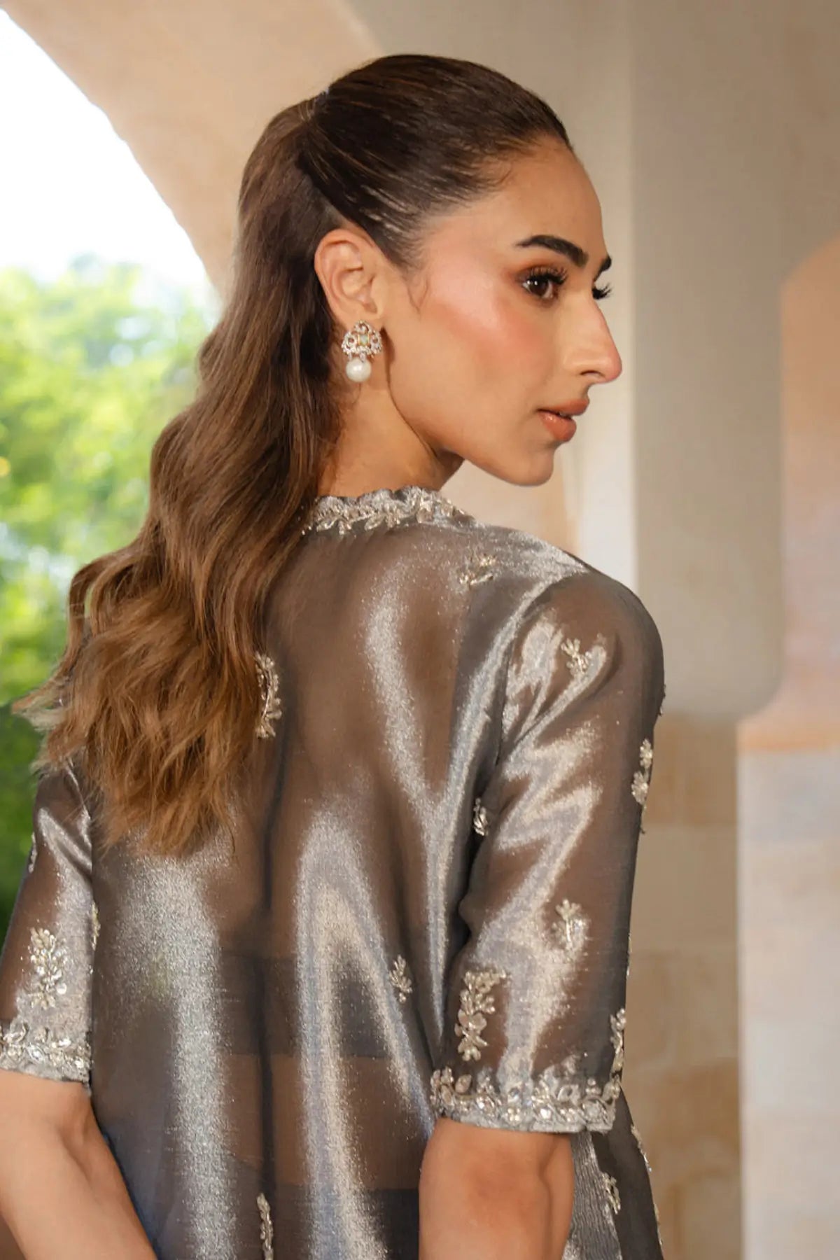 Layana silver tissue jacket formal suit with hand embroidery and sharara pants