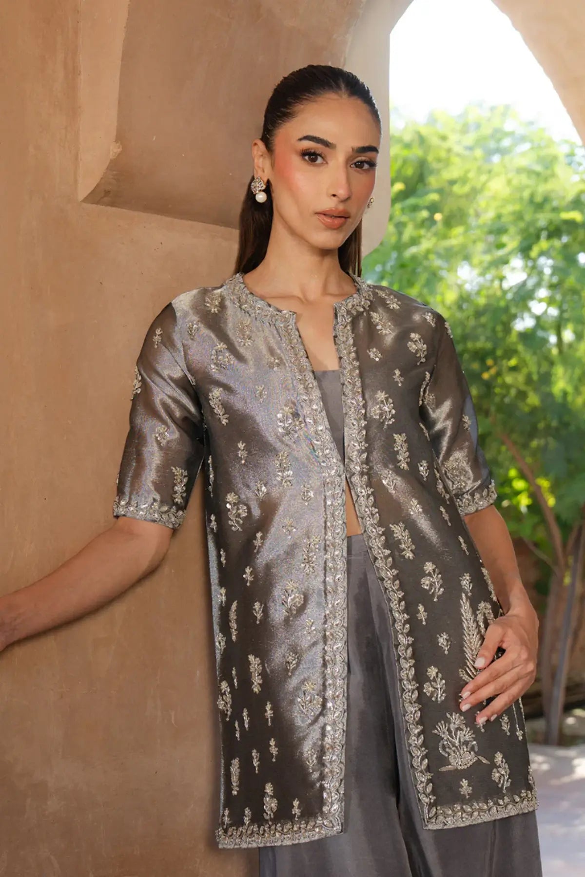 Layana silver tissue jacket formal suit with hand embroidery and sharara pants