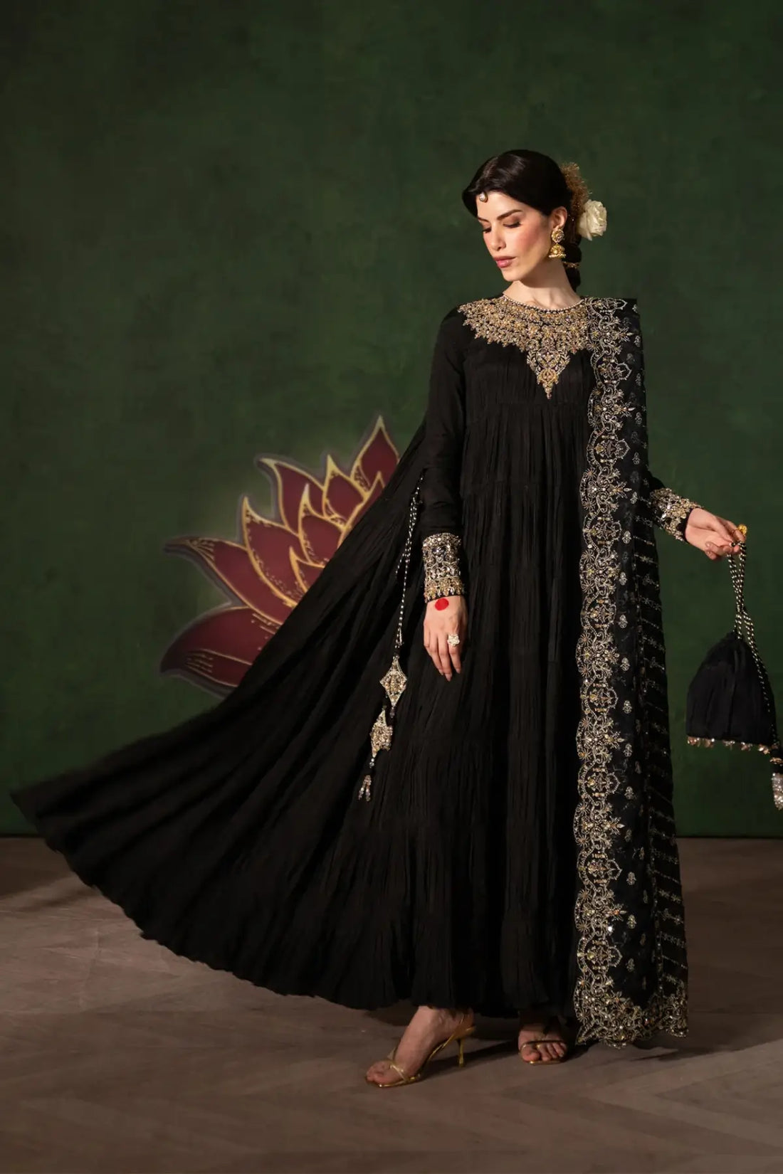 Layla Kanwal Malik Shehnai black luxury embellished Pishwas set with organza dupatta and tissue silk flare pants