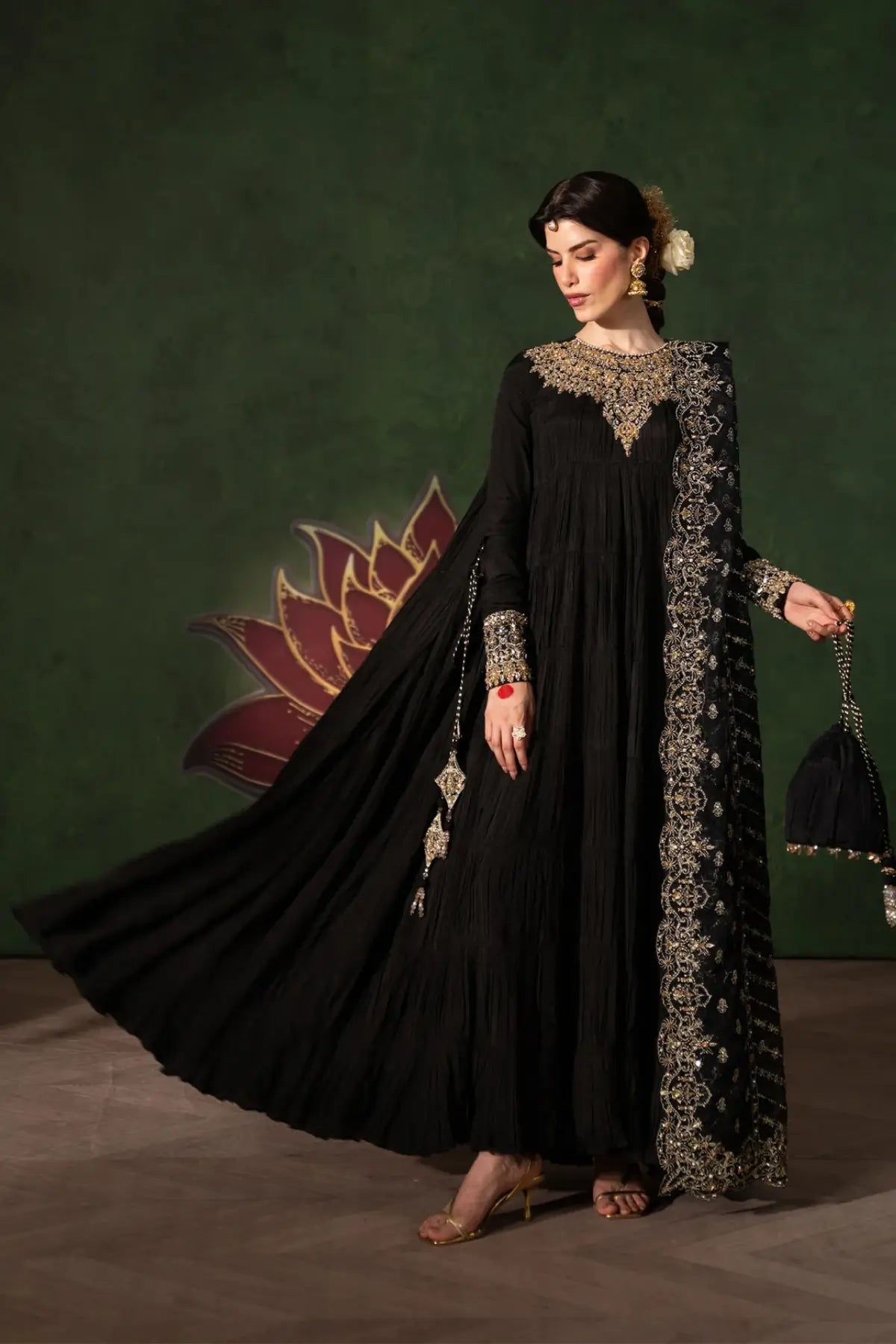 Layla Kanwal Malik Shehnai black luxury embellished Pishwas set with organza dupatta and tissue silk flare pants