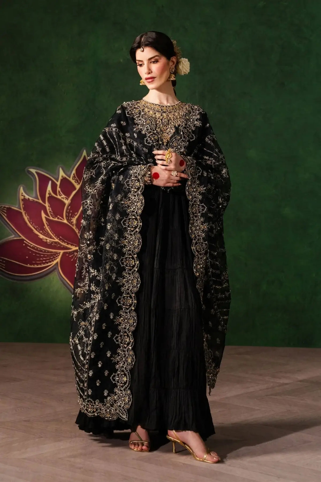 Layla Kanwal Malik Shehnai black luxury embellished Pishwas set with organza dupatta and tissue silk flare pants