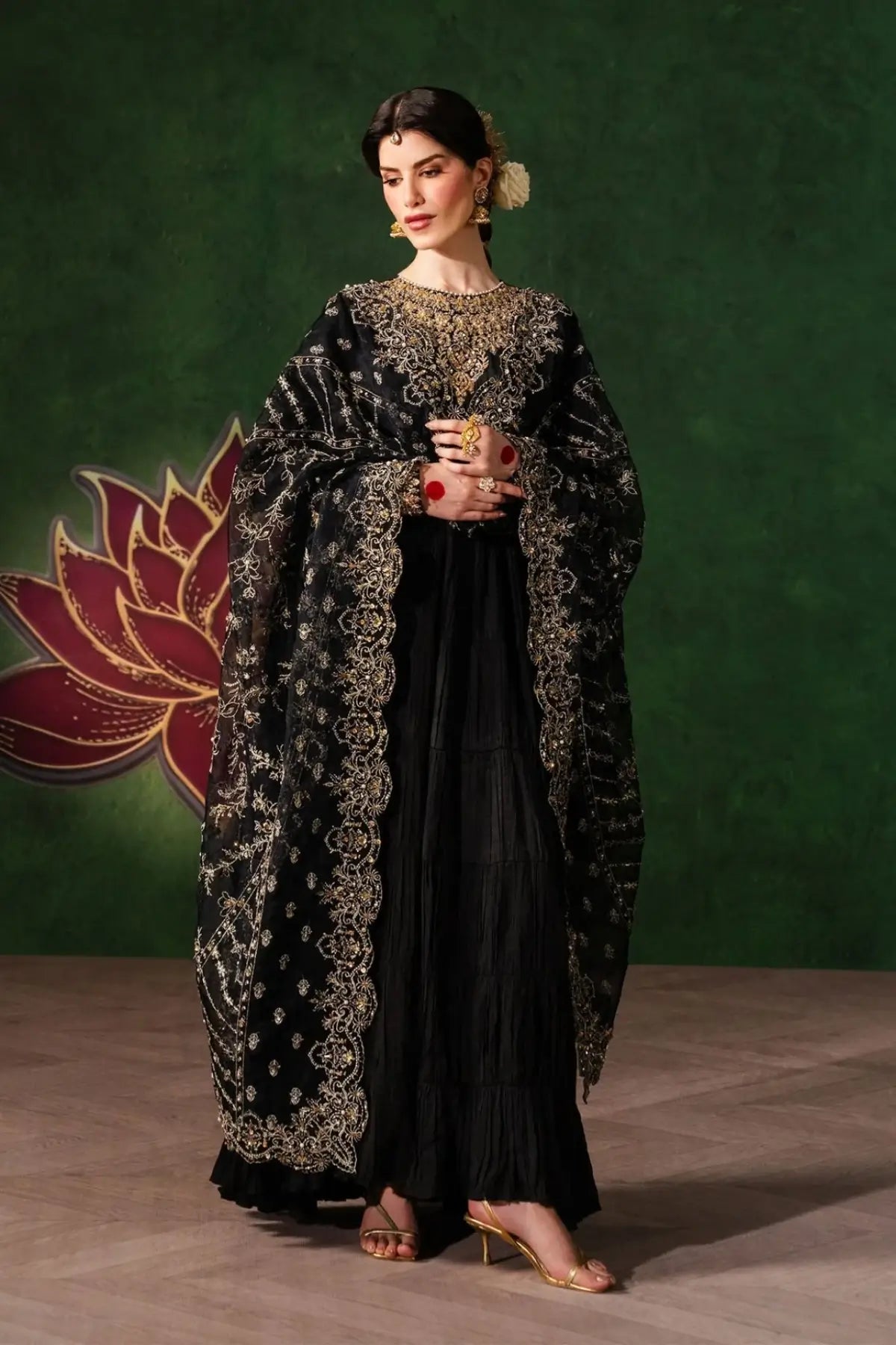 Layla Kanwal Malik Shehnai black luxury embellished Pishwas set with organza dupatta and tissue silk flare pants