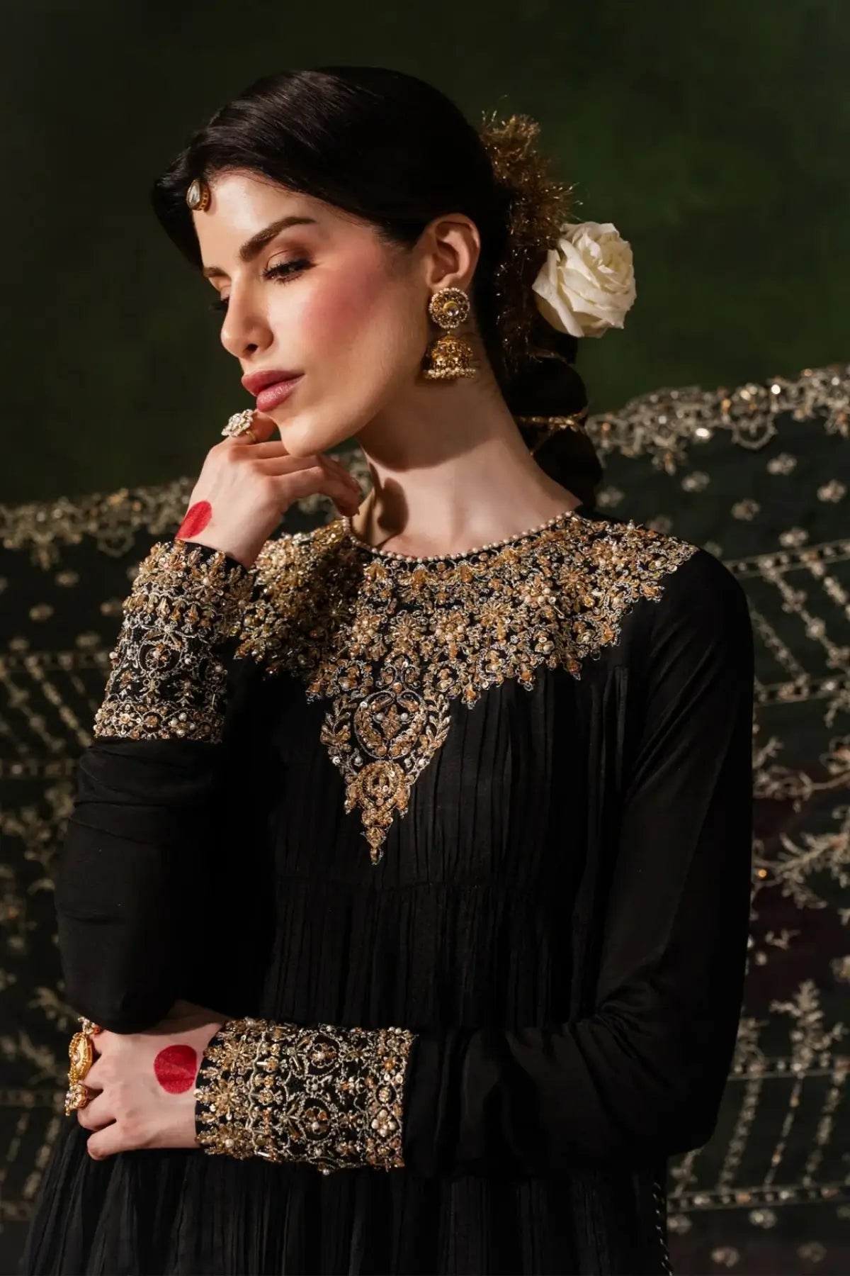 Layla Kanwal Malik Shehnai black luxury embellished Pishwas set with organza dupatta and tissue silk flare pants