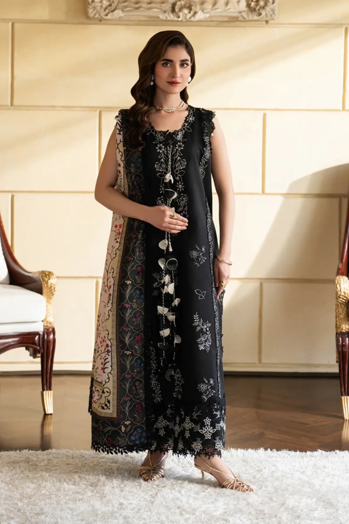 Leah midnight black stitched embroidered lawn 3PC by Rang Rasiya Carnation Eid Edit 2026 with silk dupatta