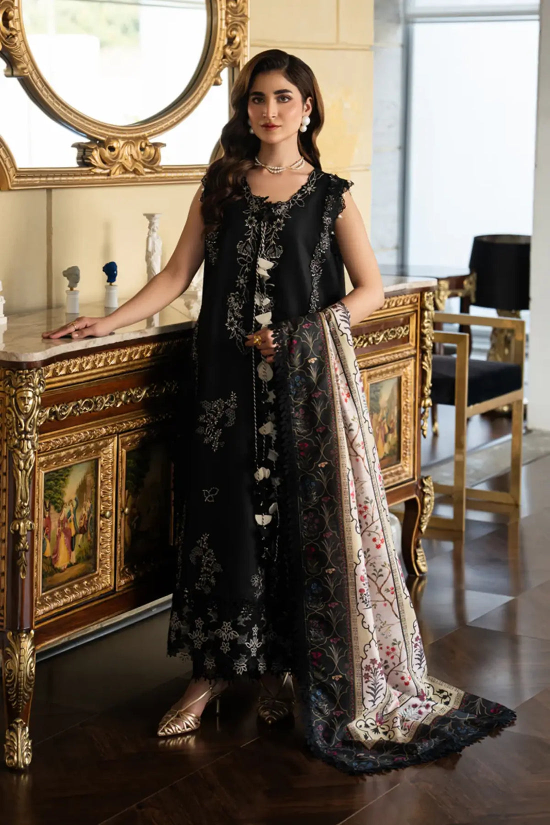 Leah midnight black stitched embroidered lawn 3PC by Rang Rasiya Carnation Eid Edit 2026 with silk dupatta