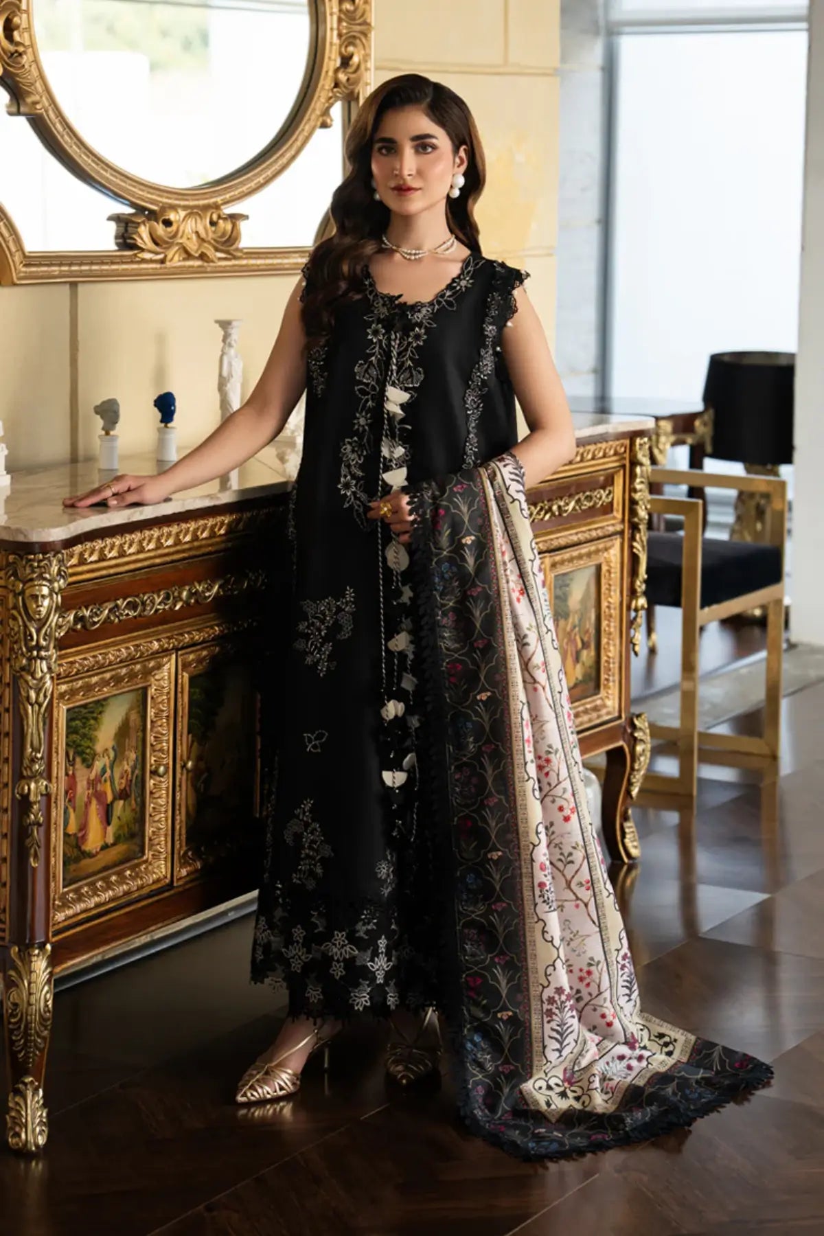 Leah midnight black stitched embroidered lawn 3PC by Rang Rasiya Carnation Eid Edit 2026 with silk dupatta
