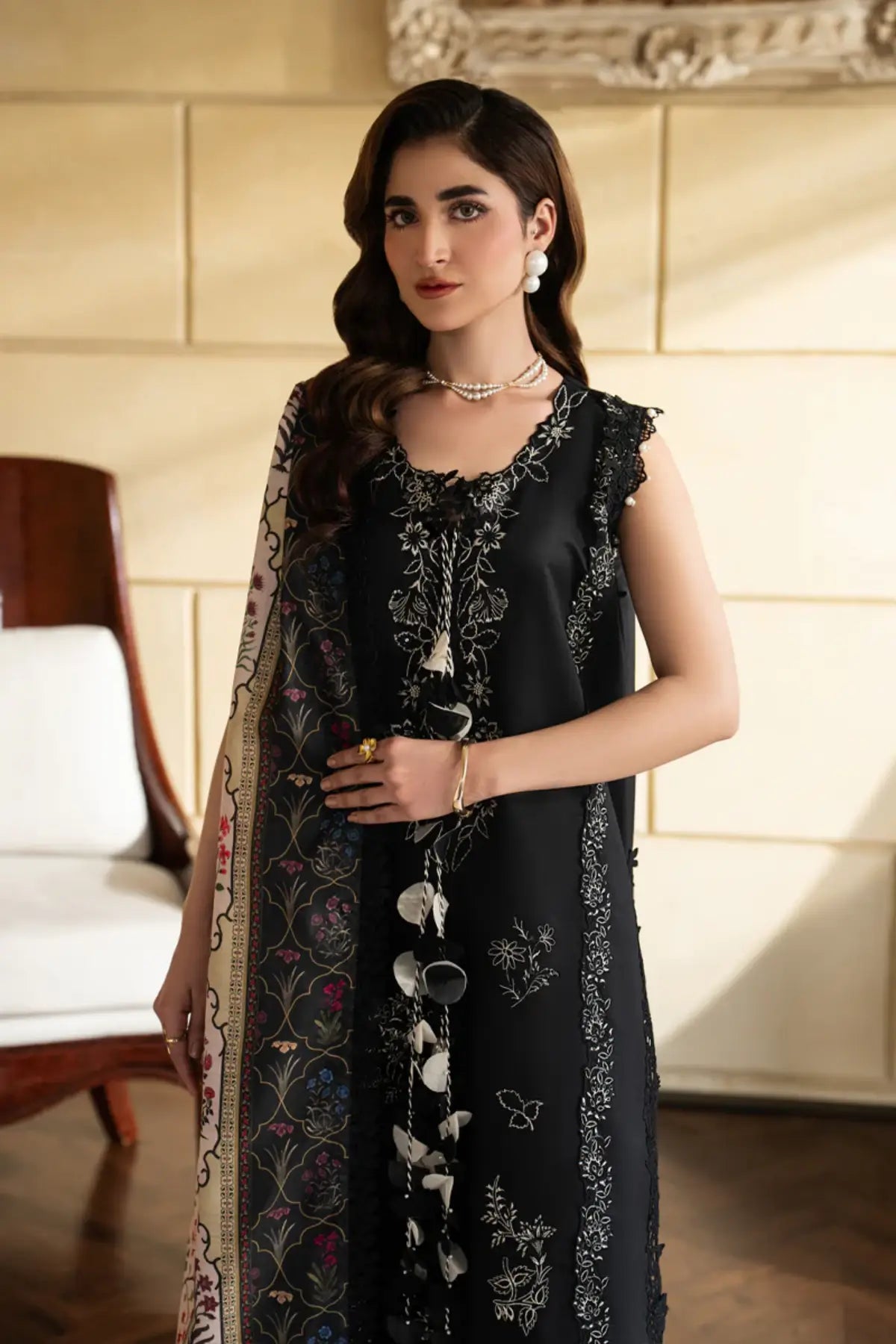 Leah midnight black stitched embroidered lawn 3PC by Rang Rasiya Carnation Eid Edit 2026 with silk dupatta