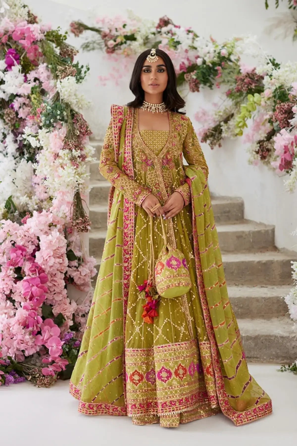 Leena Lime Green Net Mehndi Pishwas with Pink Gold Handwork, Lame Tissue Lehenga, Chiffon Dupatta and Embroidered Pouch