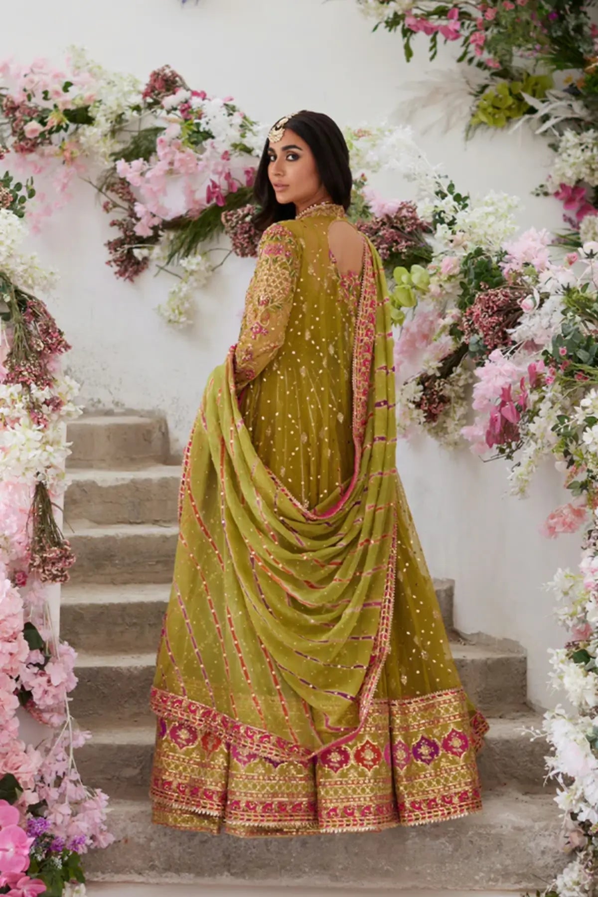 Leena Lime Green Net Mehndi Pishwas with Pink Gold Handwork, Lame Tissue Lehenga, Chiffon Dupatta and Embroidered Pouch
