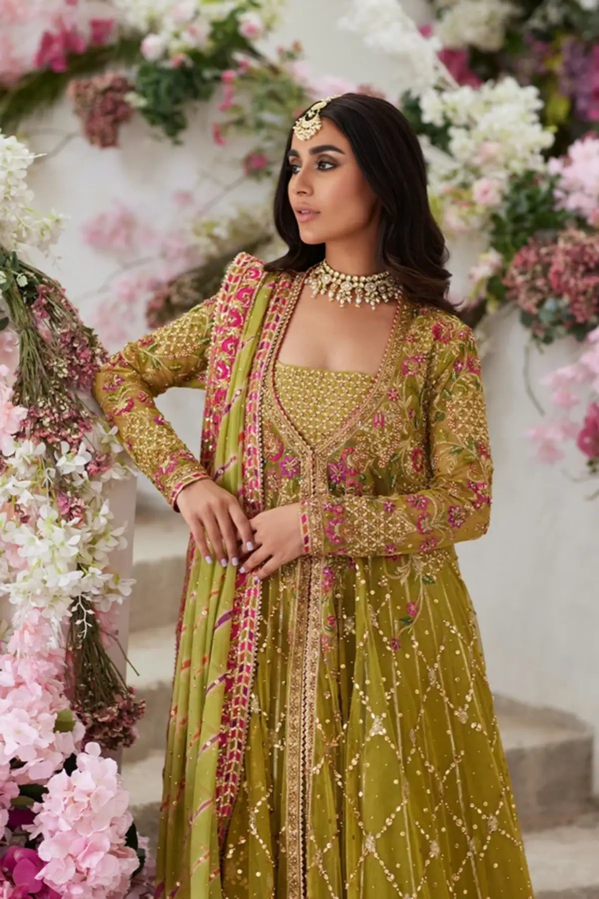 Leena Lime Green Net Mehndi Pishwas with Pink Gold Handwork, Lame Tissue Lehenga, Chiffon Dupatta and Embroidered Pouch