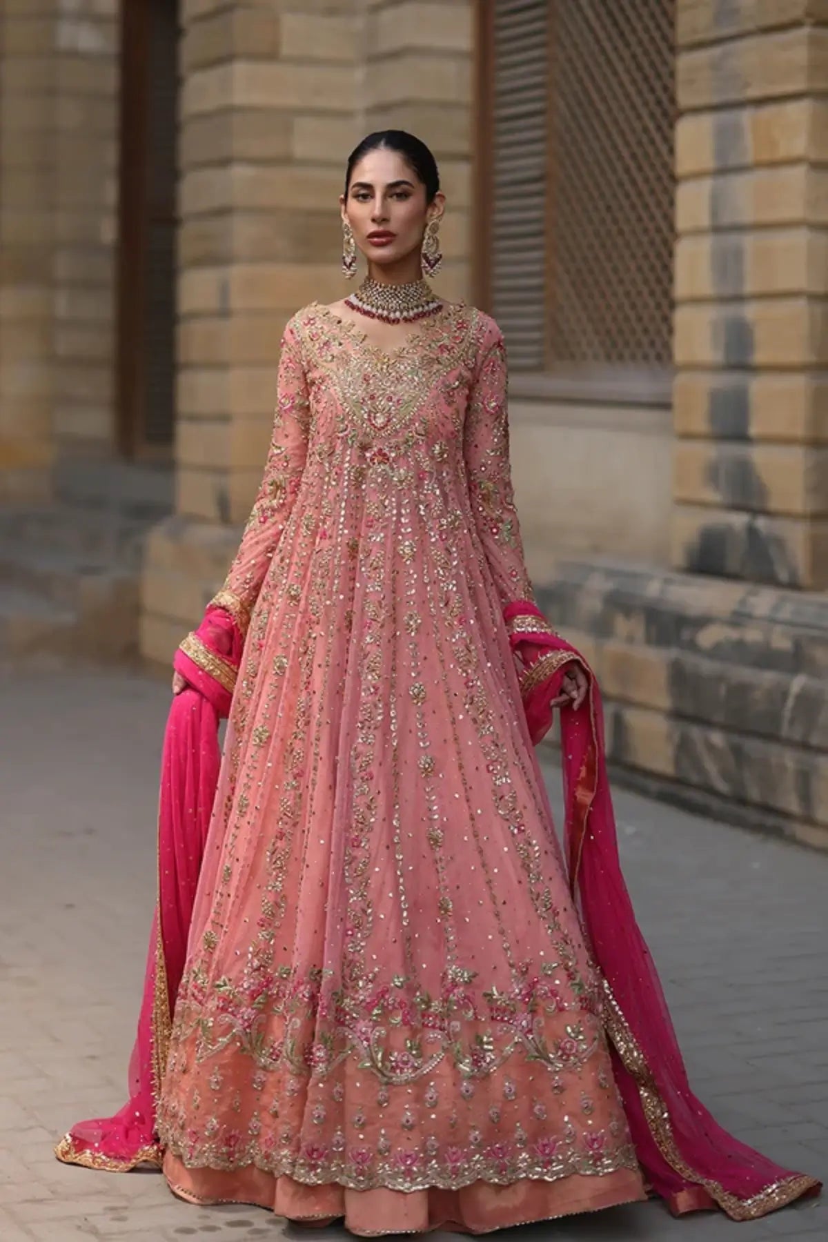 Leena Rose Pink Zardozi Net Pishwas with Lame Tissue Pants and Deep Pink Net Dupatta