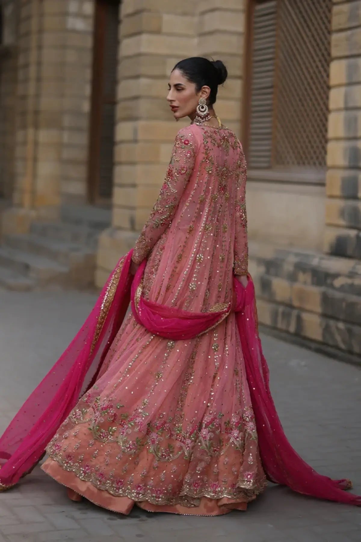 Leena Rose Pink Zardozi Net Pishwas with Lame Tissue Pants and Deep Pink Net Dupatta