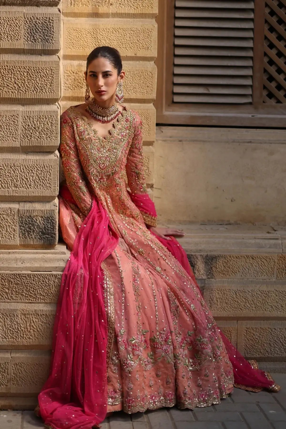 Leena Rose Pink Zardozi Net Pishwas with Lame Tissue Pants and Deep Pink Net Dupatta