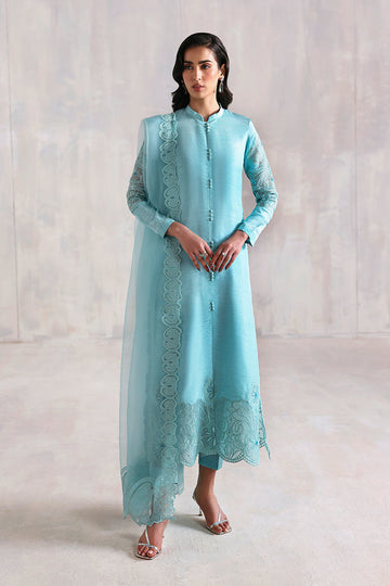Light firozi Pakistani Korean raw silk shirt and trousers with organza dupatta – ideal formal wear for women in USA, UK, and Canada.