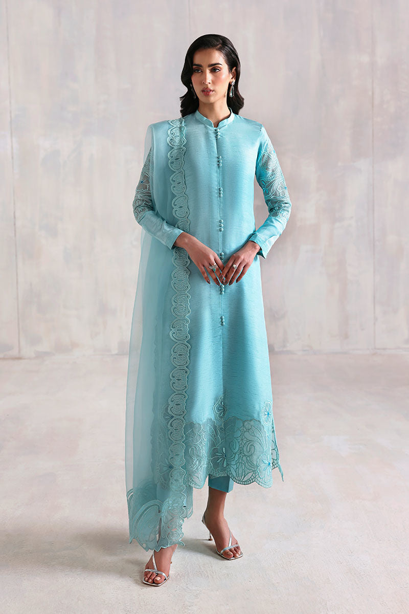 Light firozi Pakistani Korean raw silk shirt and trousers with organza dupatta – ideal formal wear for women in USA, UK, and Canada.