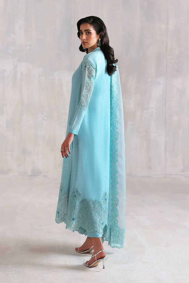 Light firozi Pakistani Korean raw silk shirt and trousers with organza dupatta – ideal formal wear for women in USA, UK, and Canada.