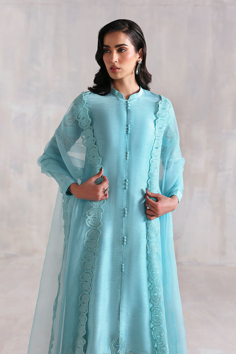 Light firozi Pakistani Korean raw silk shirt and trousers with organza dupatta – ideal formal wear for women in USA, UK, and Canada.