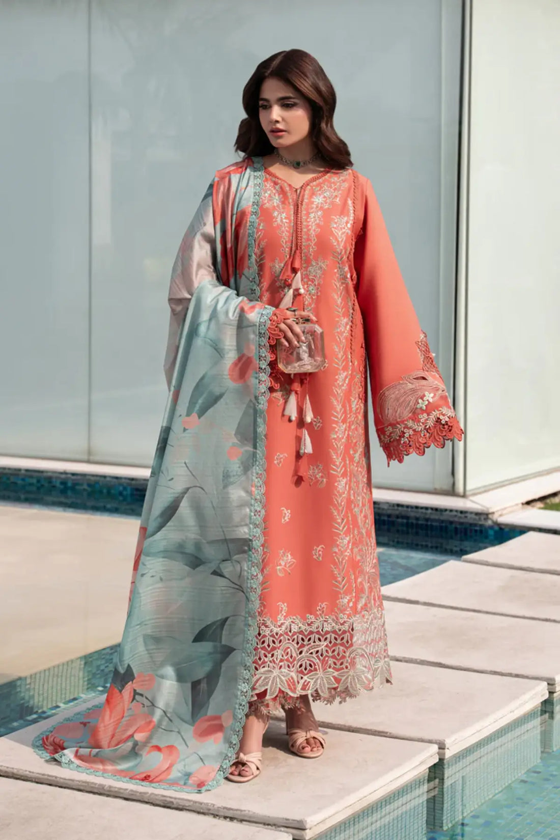 Leeza Coral Rose stitched lawn festive 3PC by Rang Rasiya Carnation Eid Edit 2026 with silk dupatta