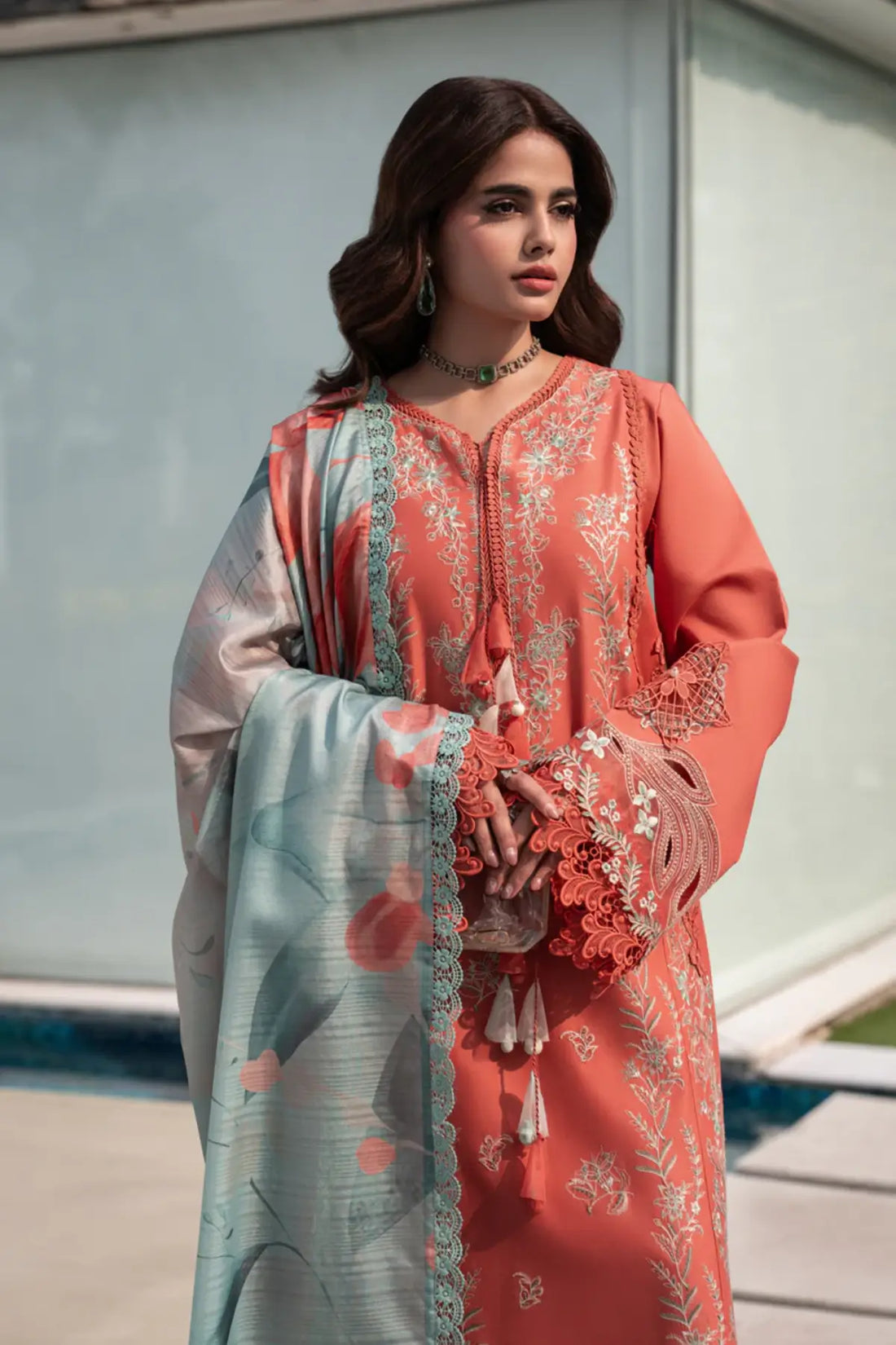 Leeza Coral Rose stitched lawn festive 3PC by Rang Rasiya Carnation Eid Edit 2026 with silk dupatta