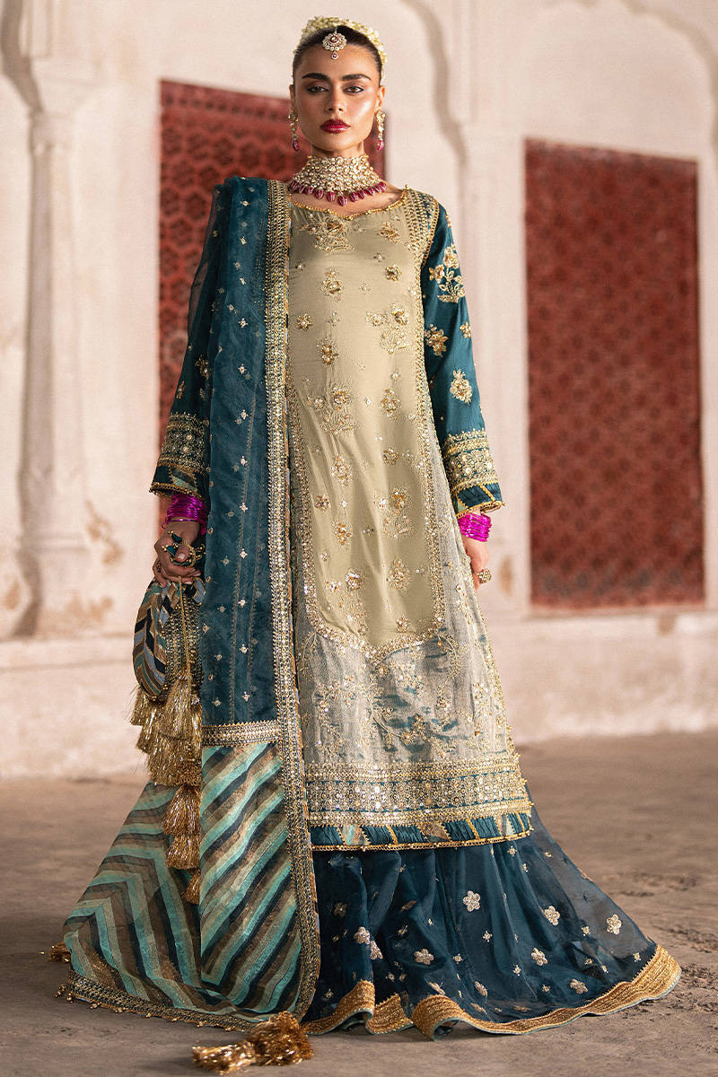 Lehar MNR teal blue couture gharara outfit with embroidered silk shirt and organza dupatta, stitched and available at Pakistanimoda for Canada delivery.