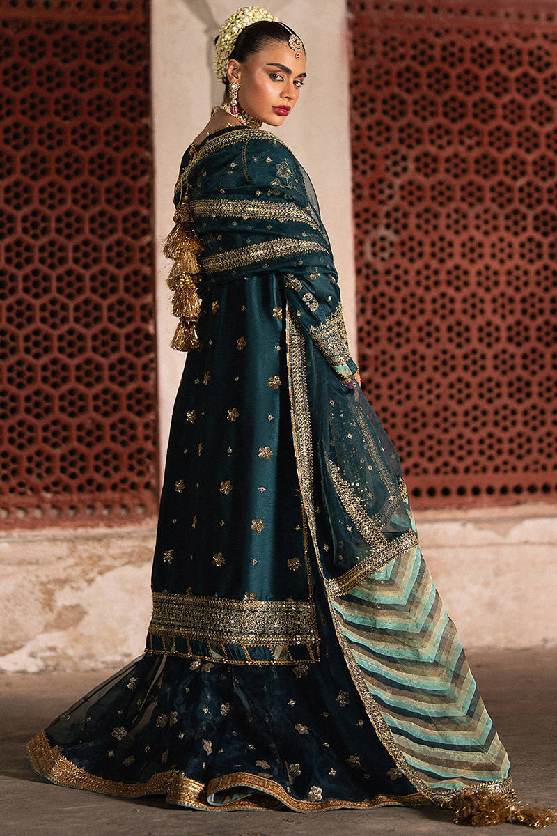 Lehar MNR teal blue couture gharara outfit with embroidered silk shirt and organza dupatta, stitched and available at Pakistanimoda for Canada delivery.