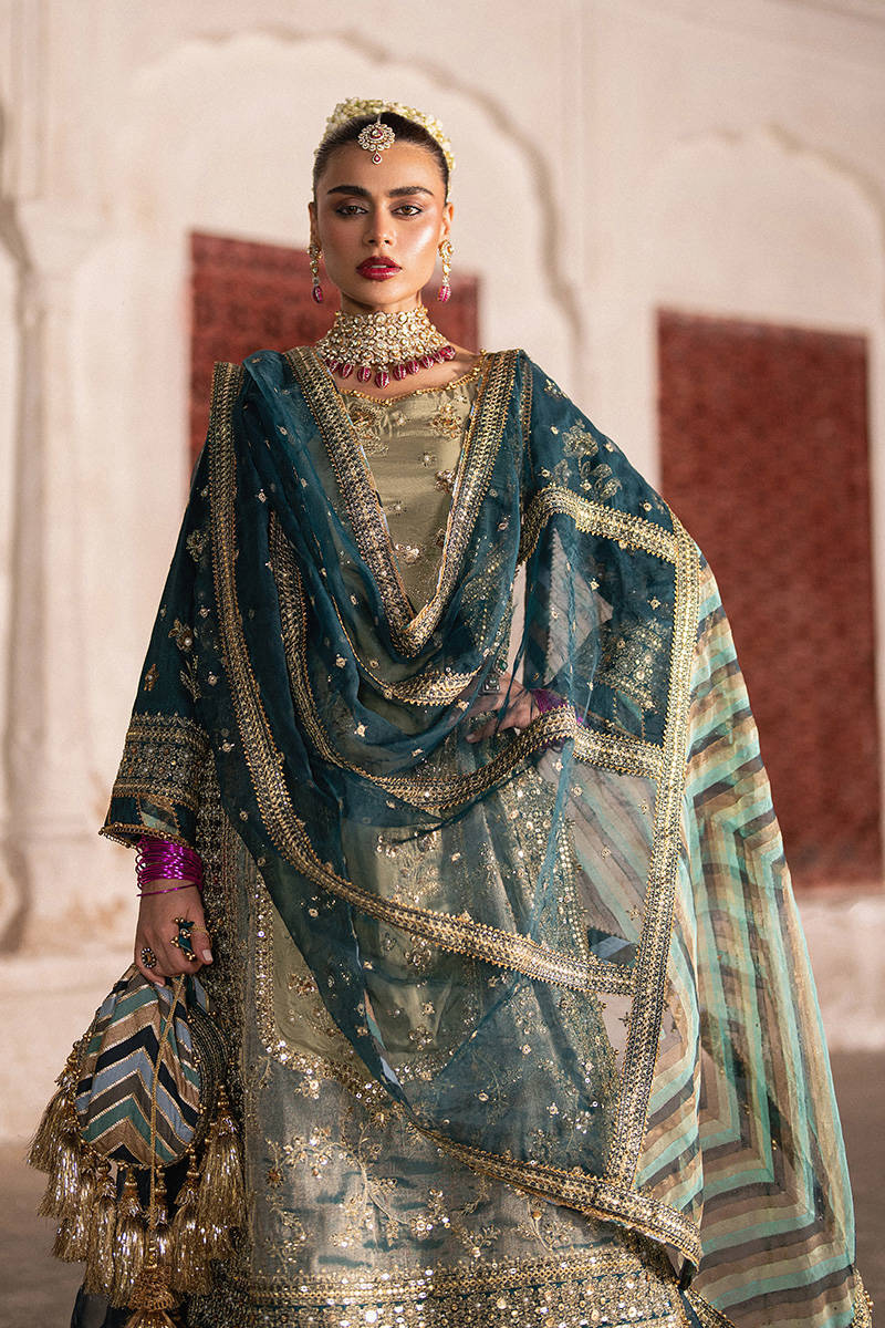 Lehar MNR teal blue couture gharara outfit with embroidered silk shirt and organza dupatta, stitched and available at Pakistanimoda for Canada delivery.
