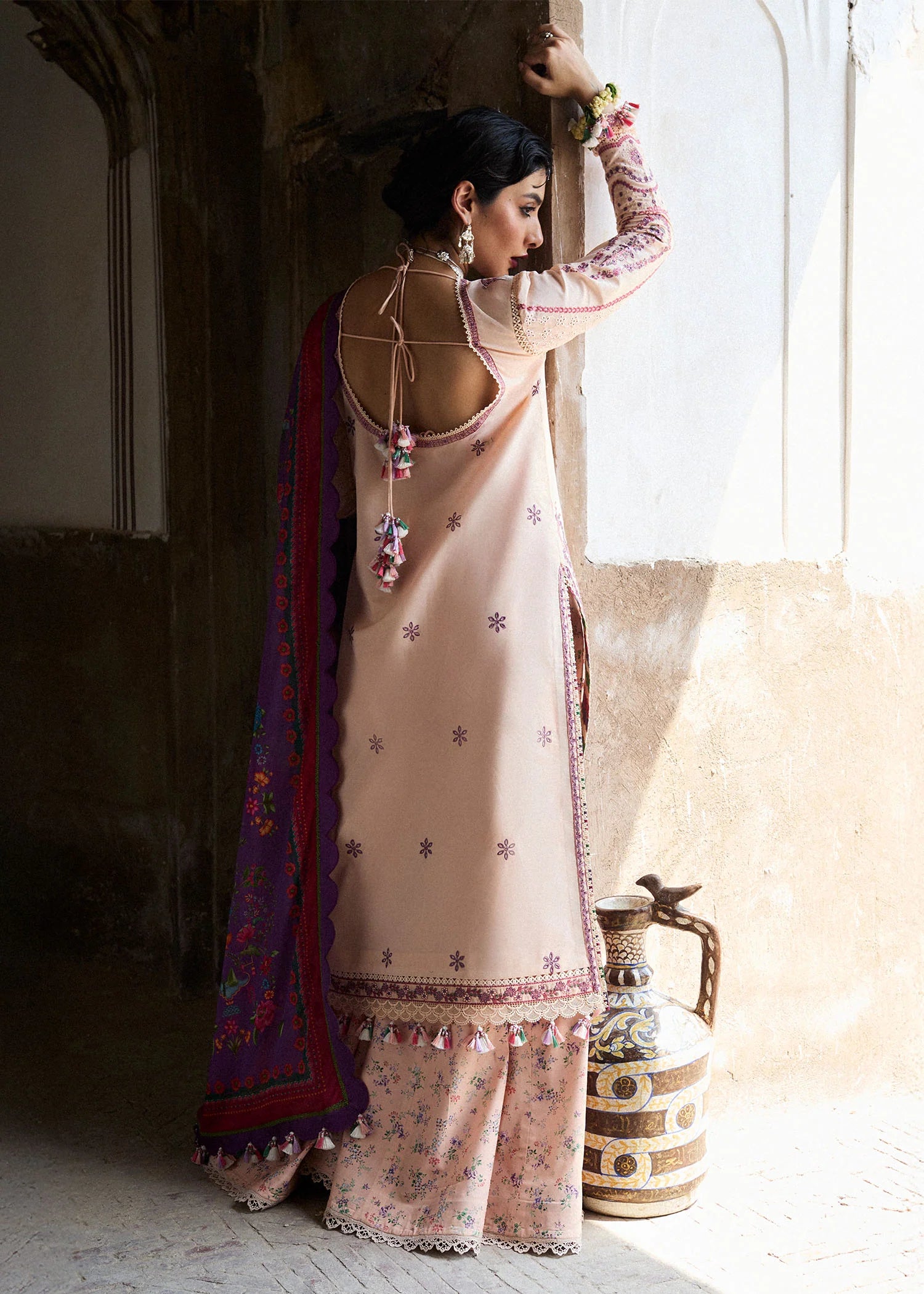 Lehr-Peachy pink embroidered lawn suit with lace detailing by-Hussain rehar