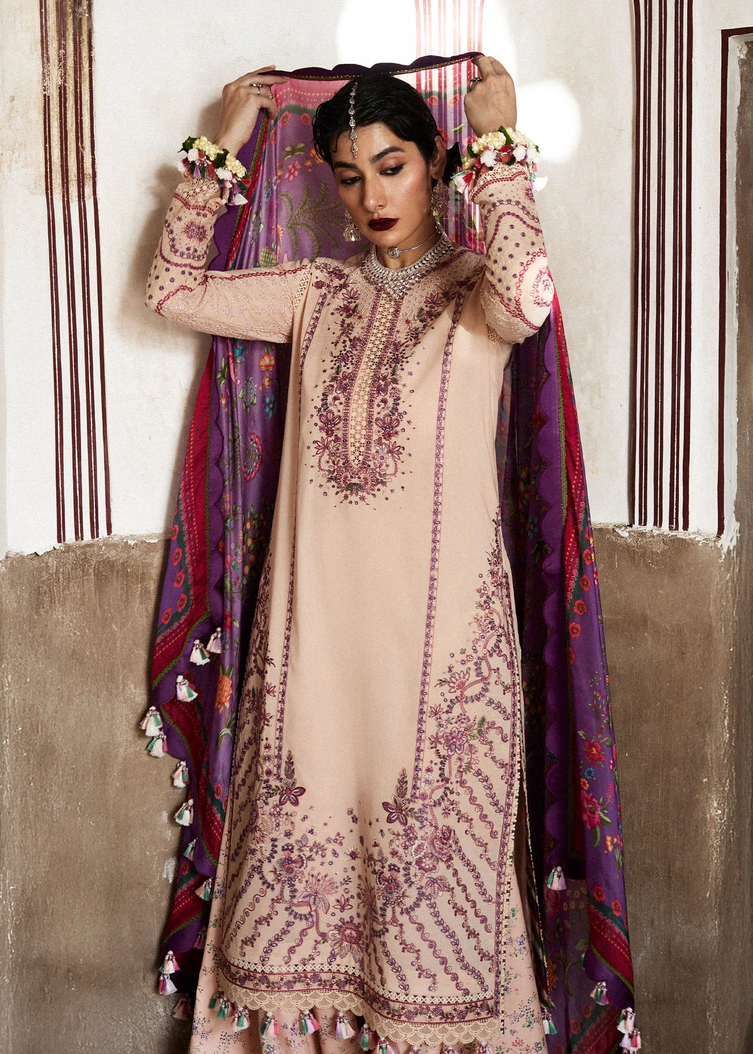 Lehr-Peachy pink embroidered lawn suit with lace detailing by-Hussain rehar