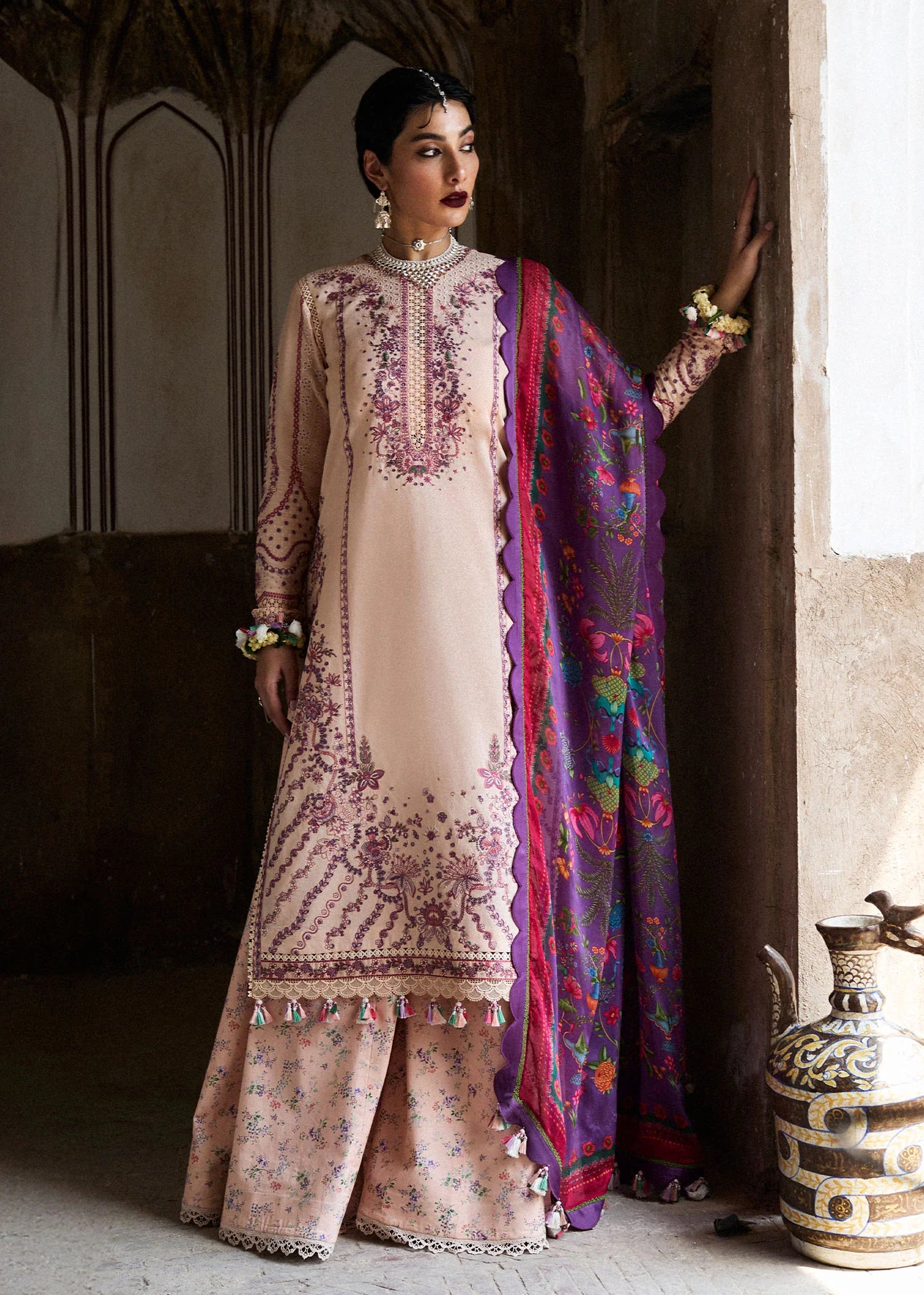 Lehr-Peachy pink embroidered lawn suit with lace detailing by-Hussain rehar