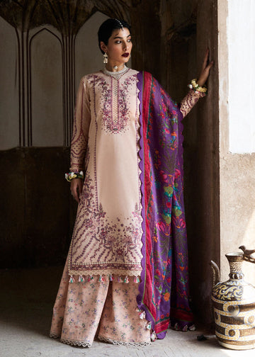 Lehr-Peachy pink embroidered lawn suit with lace detailing by-Hussain rehar