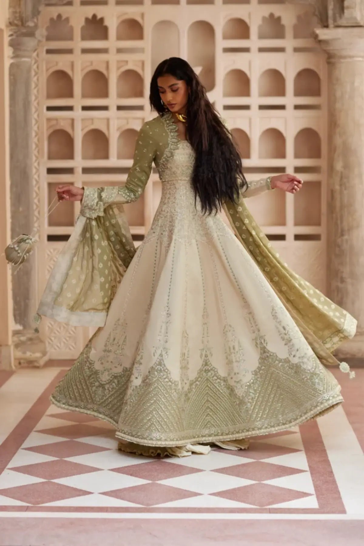Lehr Soraya Silk Edit '26 olive Chanderi silk Peshwas set with crushed silk lehenga and chiffon dupatta