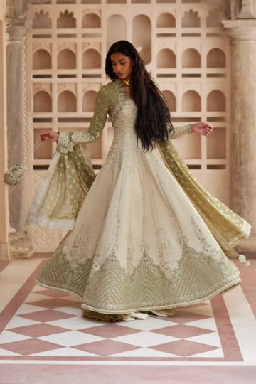 Lehr Soraya Silk Edit '26 olive Chanderi silk Peshwas set with crushed silk lehenga and chiffon dupatta