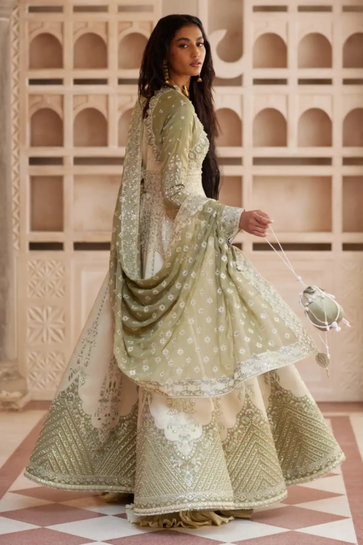 Lehr Soraya Silk Edit '26 olive Chanderi silk Peshwas set with crushed silk lehenga and chiffon dupatta