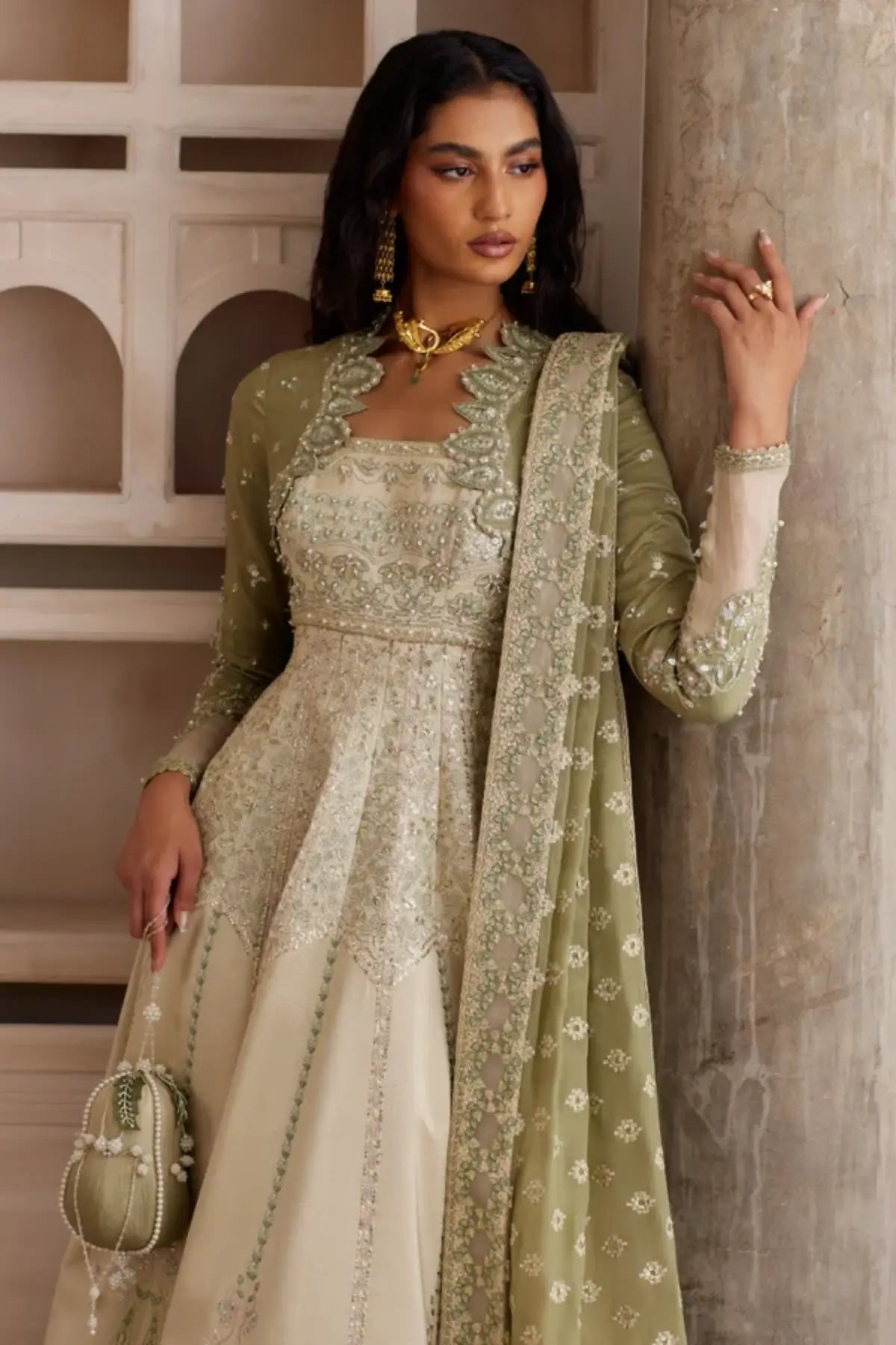 Lehr Soraya Silk Edit '26 olive Chanderi silk Peshwas set with crushed silk lehenga and chiffon dupatta