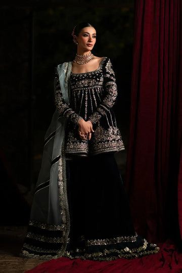 Lehza by Nyra black velvet lehenga with embroidered shirt and organza dupatta.
