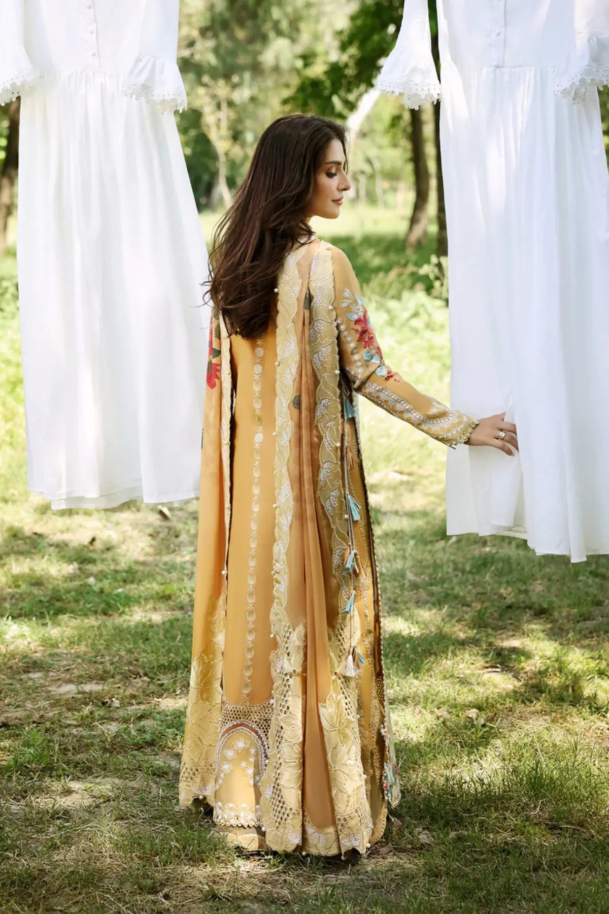 Leial by Afrozeh mustard printed lawn stitched 3PC suit with floral embroidery, organza dupatta and cambric trouser
