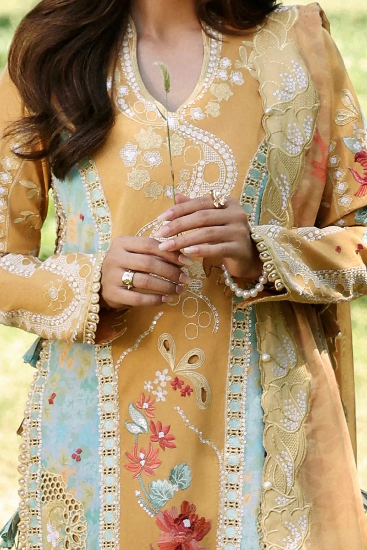 Leial by Afrozeh mustard printed lawn stitched 3PC suit with floral embroidery, organza dupatta and cambric trouser