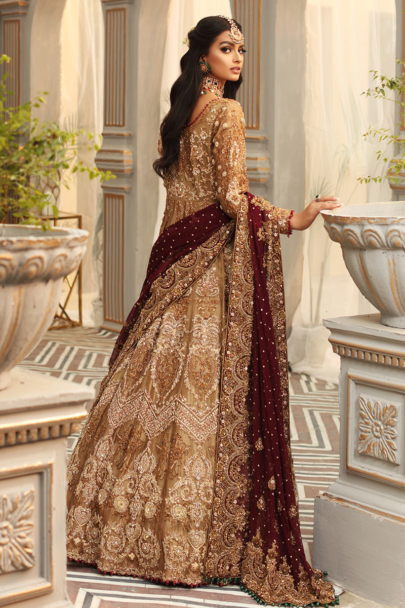 Leilyn-Traditional Bridal Gold Tissue Gown with Maroon Chiffon Dupatta