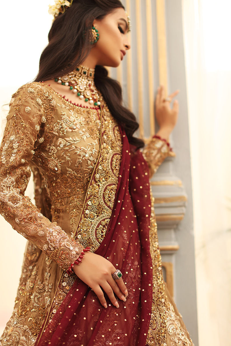 Leilyn-Traditional Bridal Gold Tissue Gown with Maroon Chiffon Dupatta Leilyn-Traditional Bridal Gold Tissue Gown with Maroon Chiffon Dupatta
