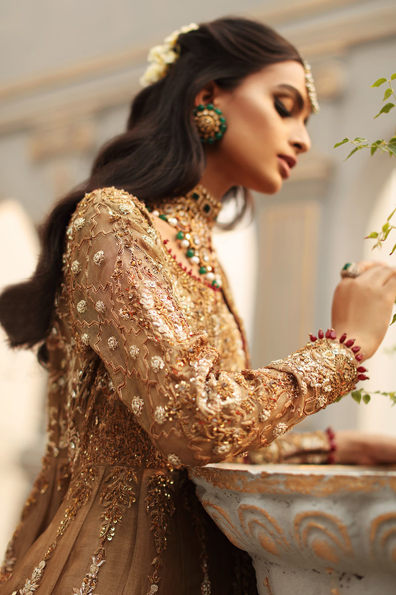 Leilyn-Traditional Bridal Gold Tissue Gown with Maroon Chiffon Dupatta