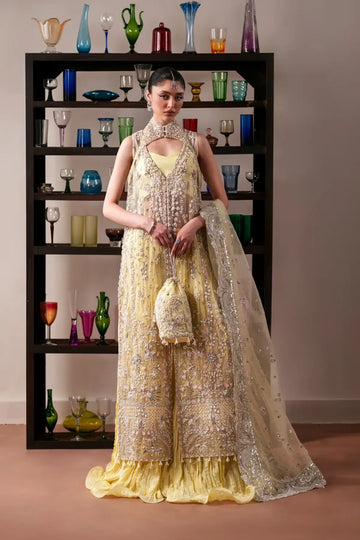 Lemon Quartz Emaan Adeel yellow embroidered organza stitched Mehndi dress with dupatta and raw silk trouser
