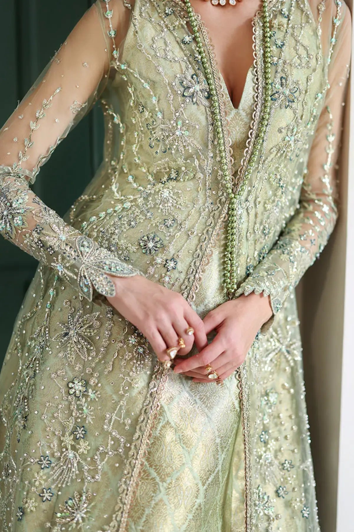 Mushq Lenora luxury stitched sage green gown with lehenga